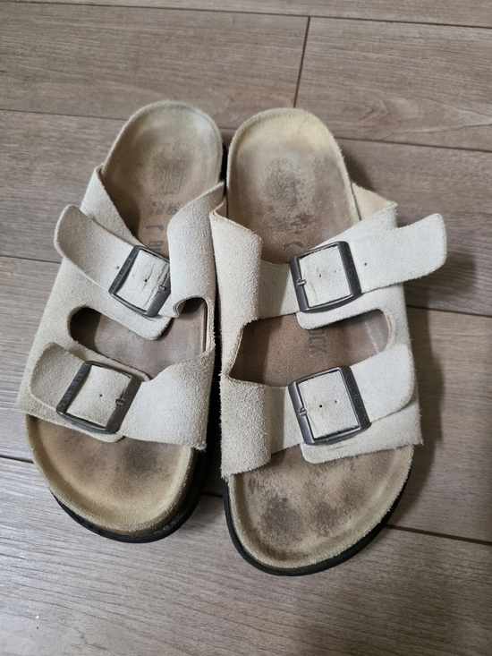 Birkenstock Shoes - Birkenstock Beige Suede Double-Buckle Slide Sandals